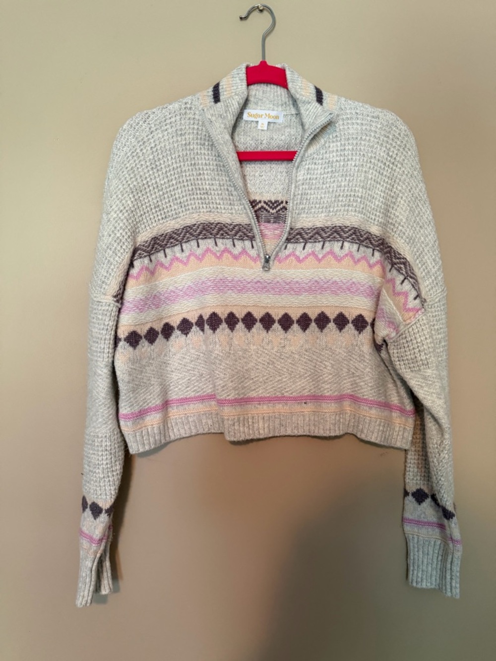 Grey Fair Isle Half-Zip Cropped Sweater with Pink & Brown Accents